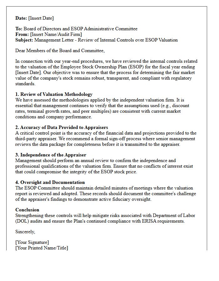 Year-End Management Letter Addressing Employee Stock Ownership Plan Valuation Controls
