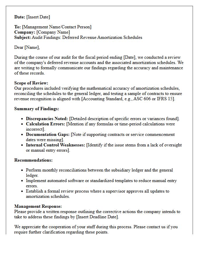 Audit Findings Letter Regarding Deferred Revenue Amortization Schedules