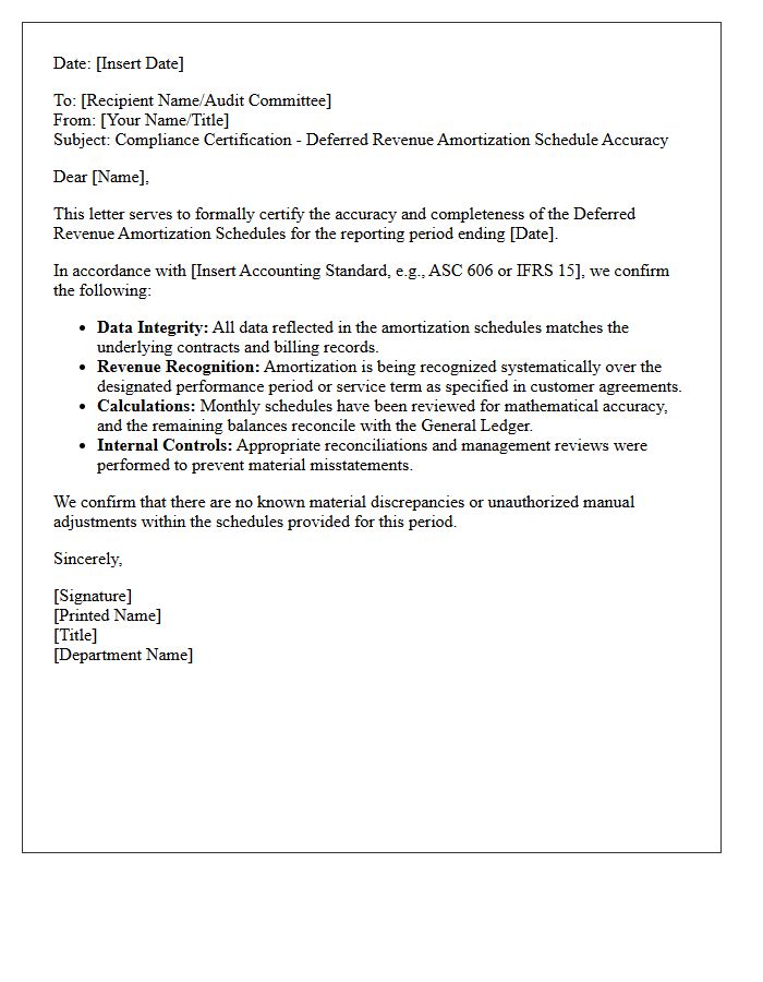 Compliance Letter for Deferred Revenue Amortization Schedule Accuracy