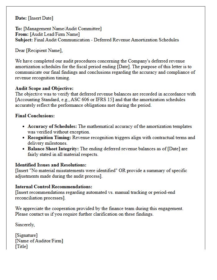 Final Audit Communication Letter on Deferred Revenue Amortization Schedules