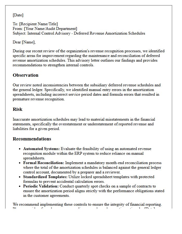 Internal Control Advisory Letter on Deferred Revenue Amortization Schedules