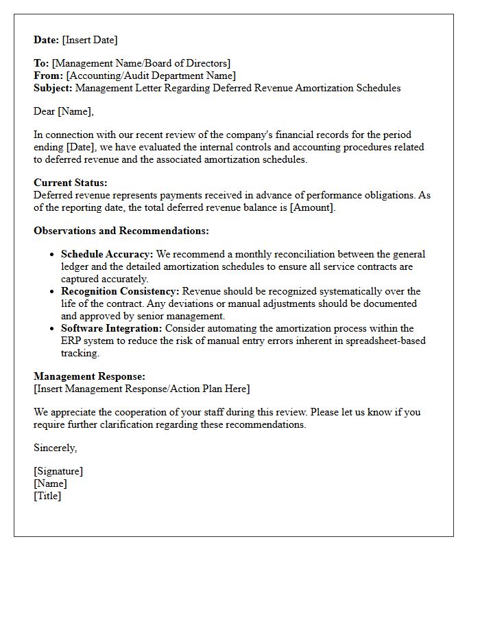 Management Letter on Deferred Revenue Amortization Schedules