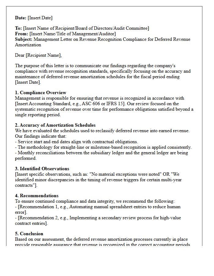 Management Letter on Revenue Recognition Compliance for Deferred Revenue Amortization Schedules