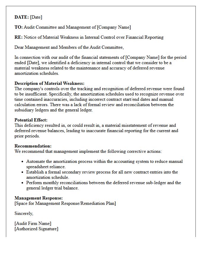 Material Weakness Letter Regarding Deferred Revenue Amortization Schedules