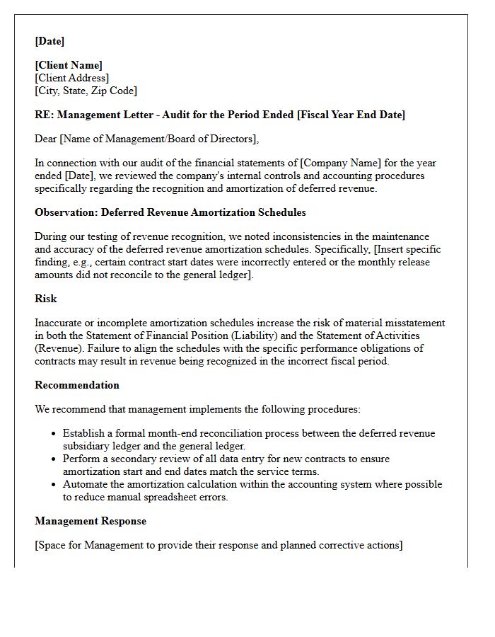 Post-Audit Management Letter Addressing Deferred Revenue Amortization Schedules