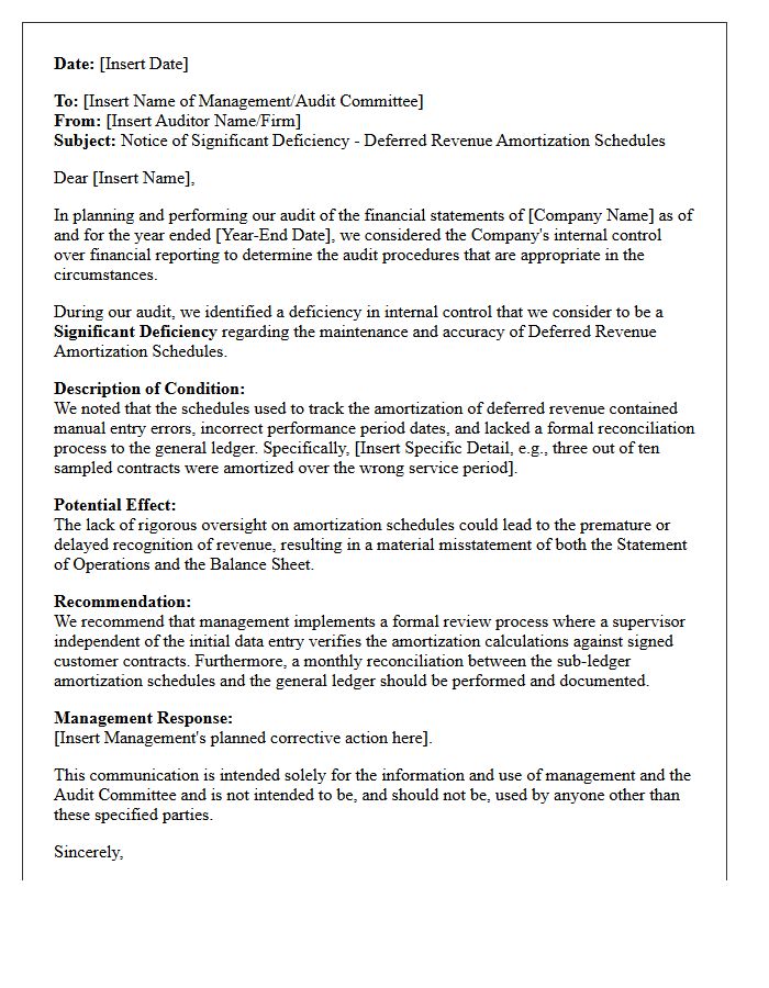 Significant Deficiency Letter on Deferred Revenue Amortization Schedules