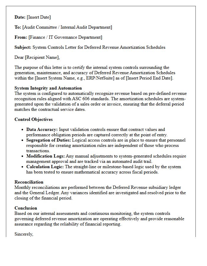 System Controls Letter for Deferred Revenue Amortization Schedules