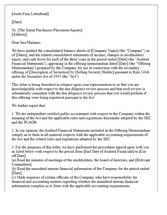 Rule 144A Private Placement Secondary Offering Comfort Letter