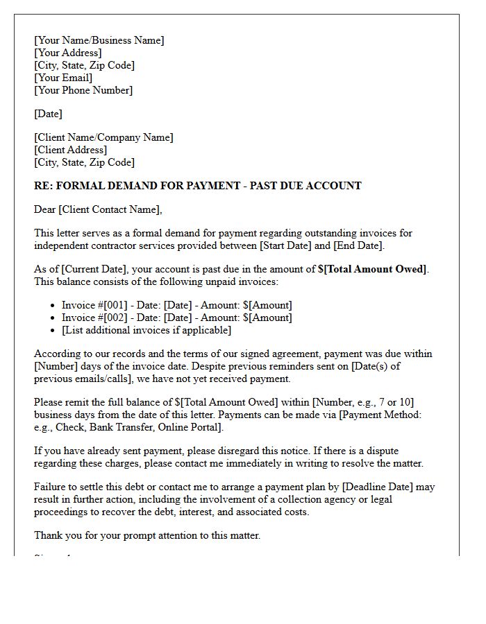 Debt Collection Demand Letter For Past Due Independent Contractor Invoices