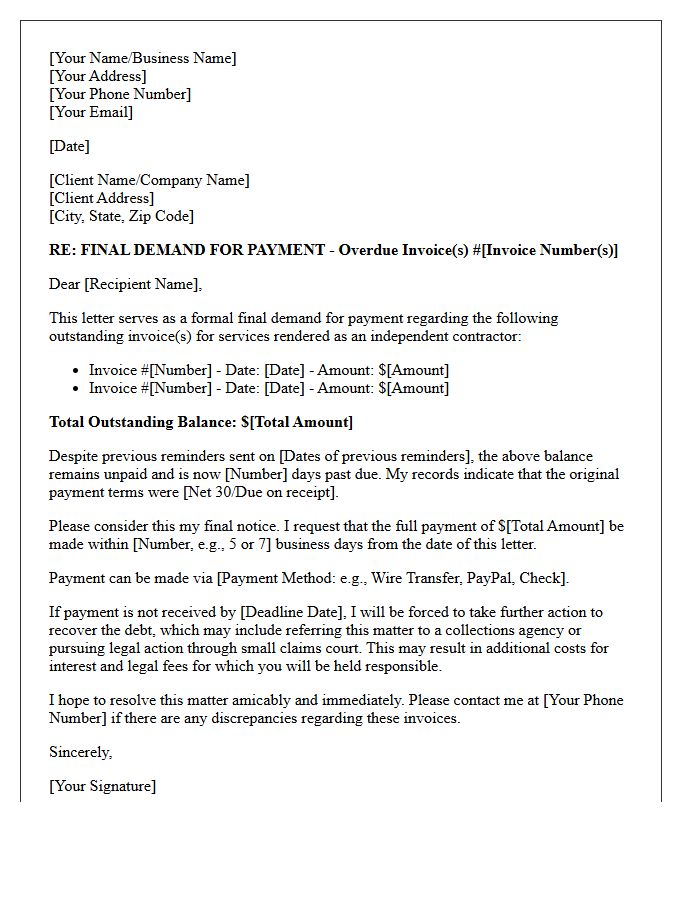 Final Demand Letter For Unpaid Independent Contractor Invoices
