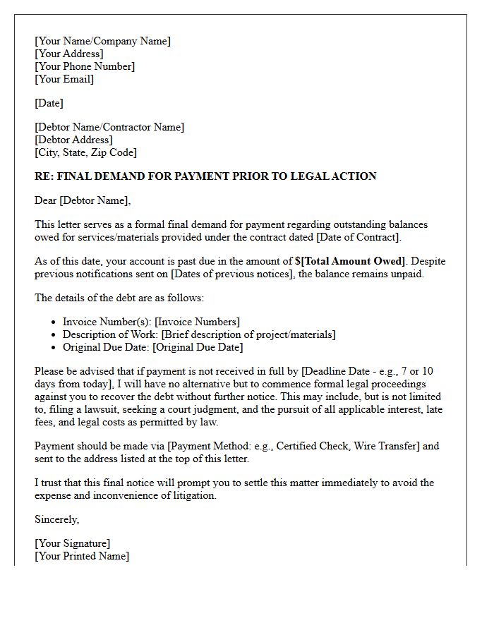 Final Demand Letter Prior To Litigation For Contractor Debt