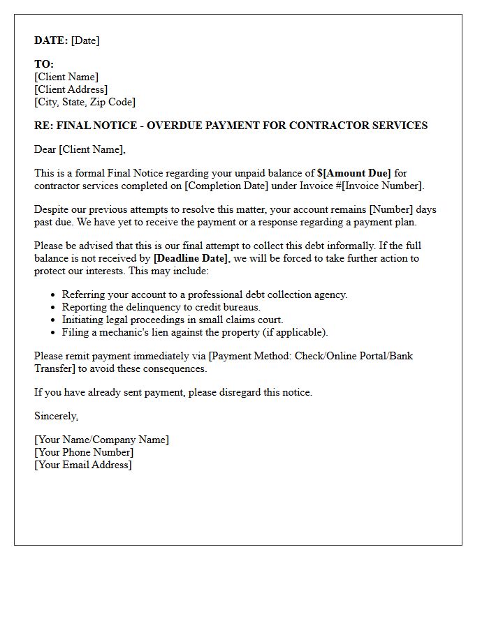 Final Notice Collection Letter For Outstanding Contractor Services