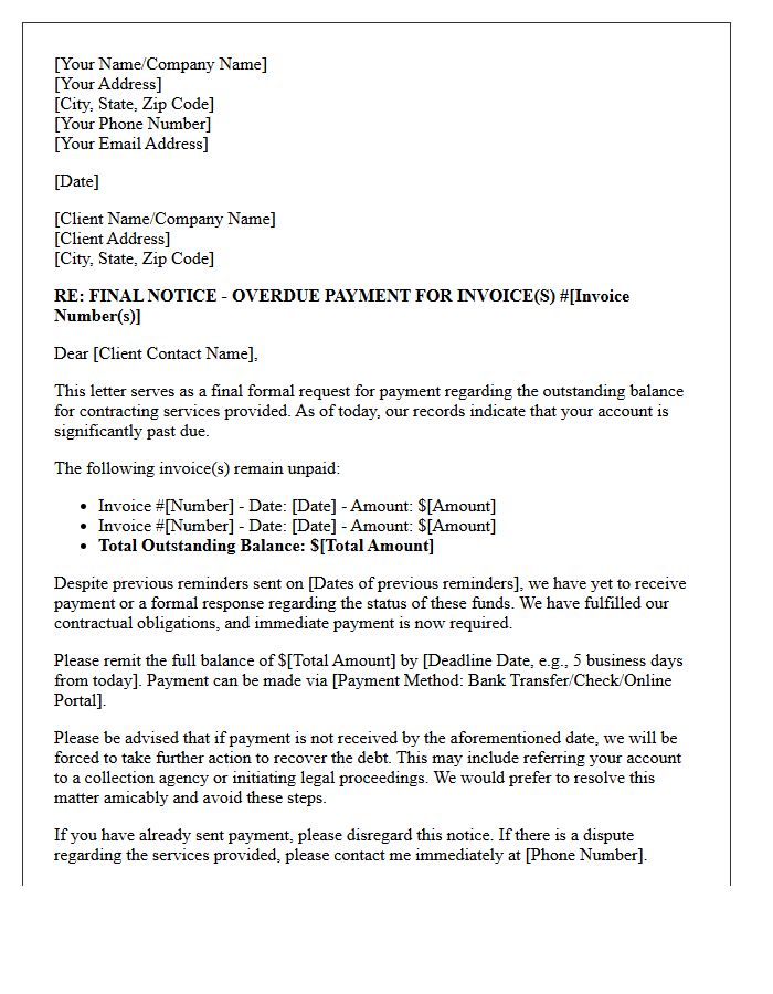 Final Payment Request Letter For Delinquent Contractor Invoices