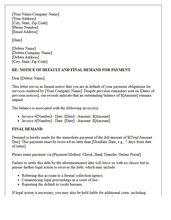 Notice Of Default And Final Demand Letter For Unpaid Services