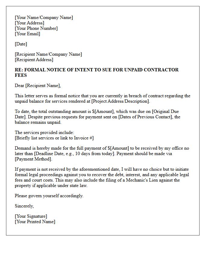 Notice Of Intent To Sue Letter For Unpaid Contractor Fees
