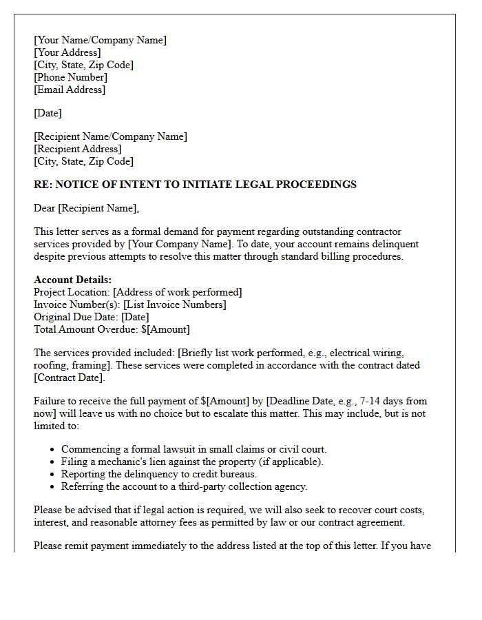 Pre-Legal Action Demand Letter For Contractor Debt Collection
