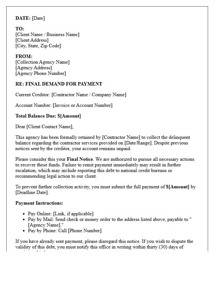 Third-Party Agency Final Demand Letter For Contractor Invoices