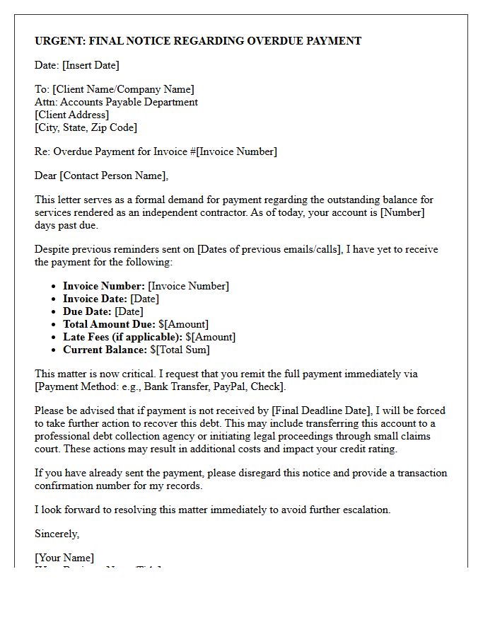 Urgent Debt Collection Letter For Overdue Independent Contractor Invoice