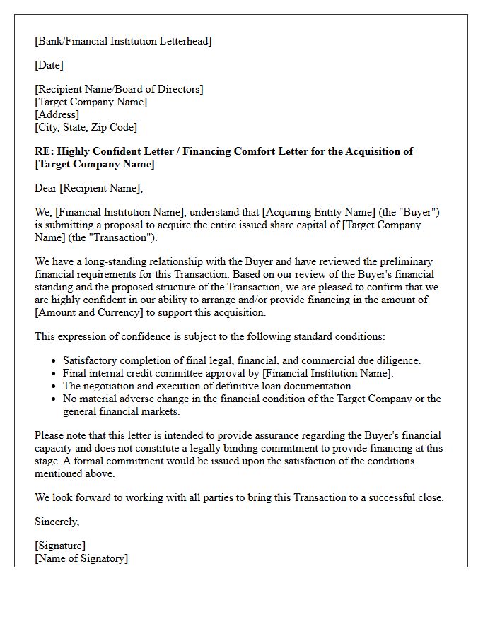 Acquisition Financing Comfort Letter