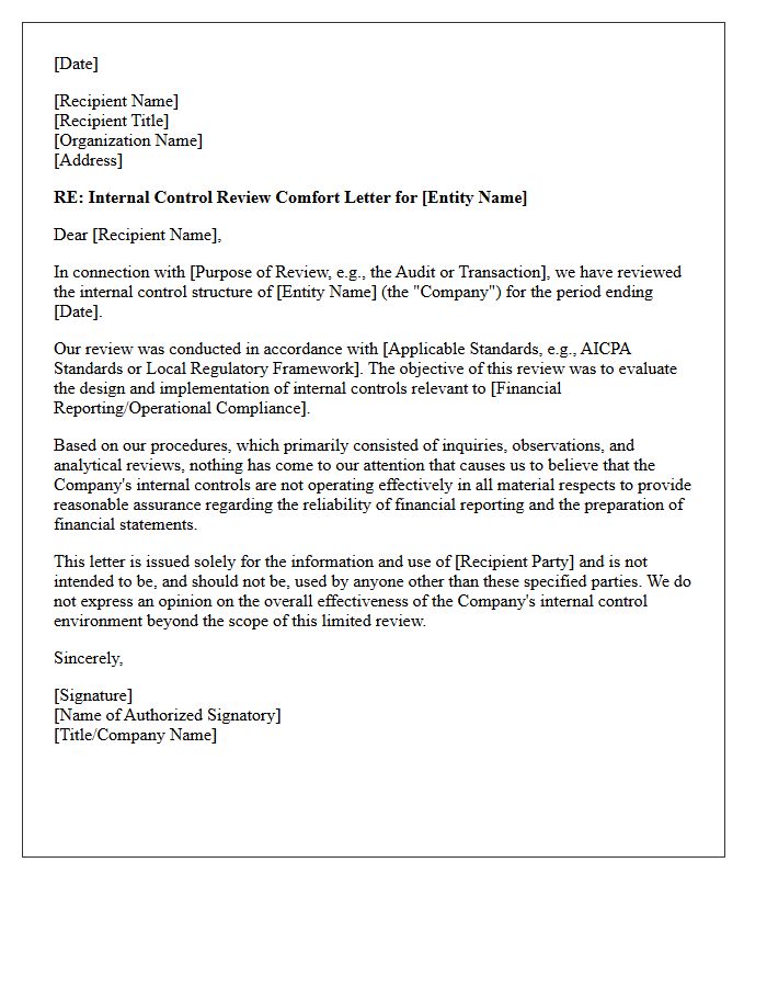 Internal Control Review Comfort Letter