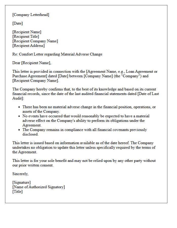 Material Adverse Change Comfort Letter