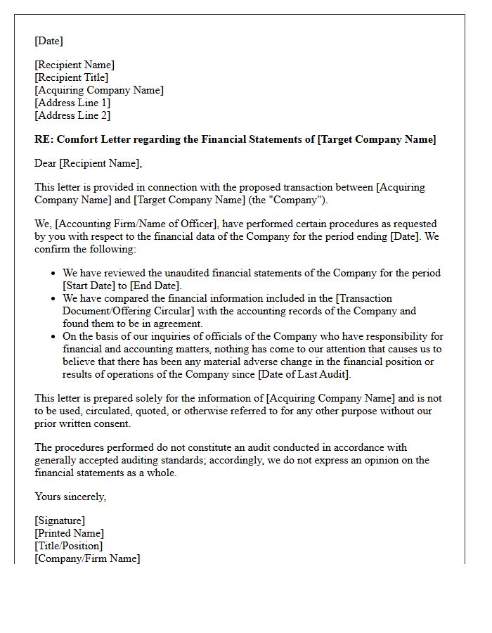 Target Company Financials Comfort Letter