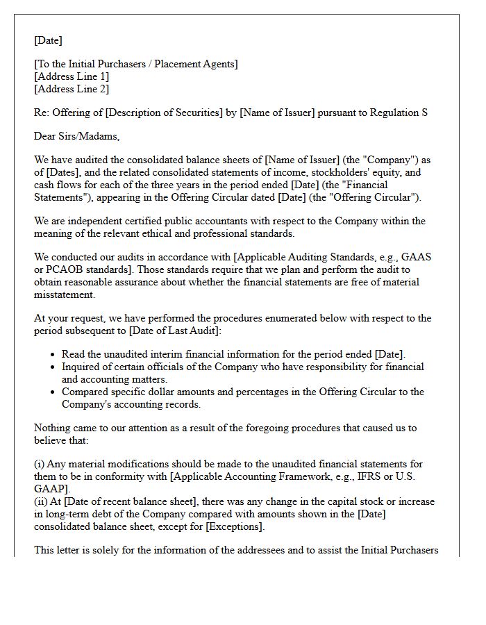 Regulation S Offering Comfort Letter