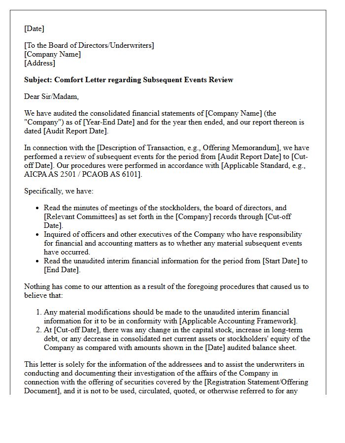 Subsequent Events Review Comfort Letter