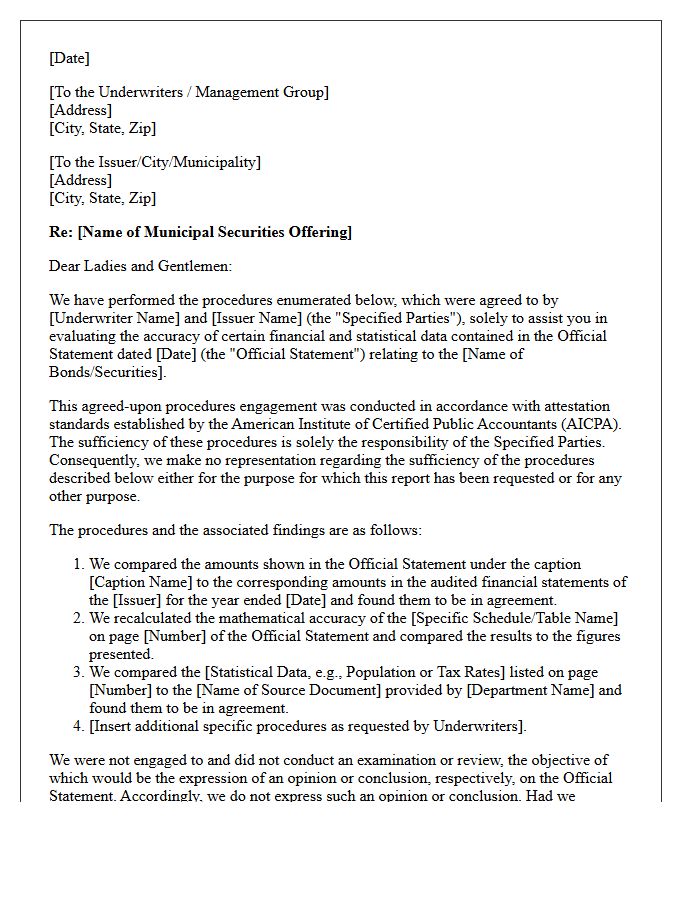 Agreed-Upon Procedures Letter for Municipal Securities Offering Comfort Letters
