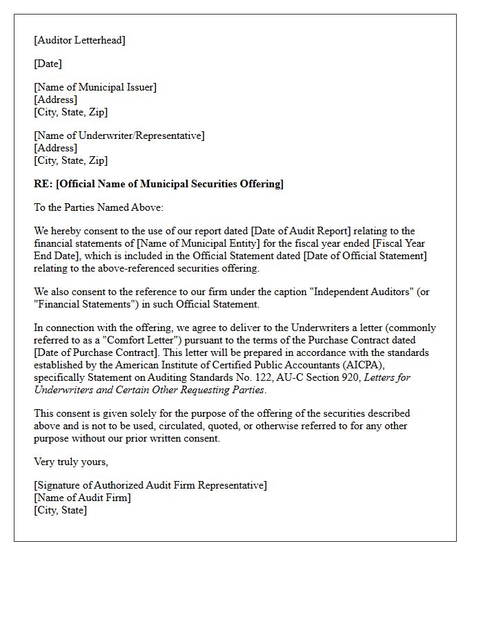 Auditor Consent Letter for Municipal Securities Offering Comfort Letters