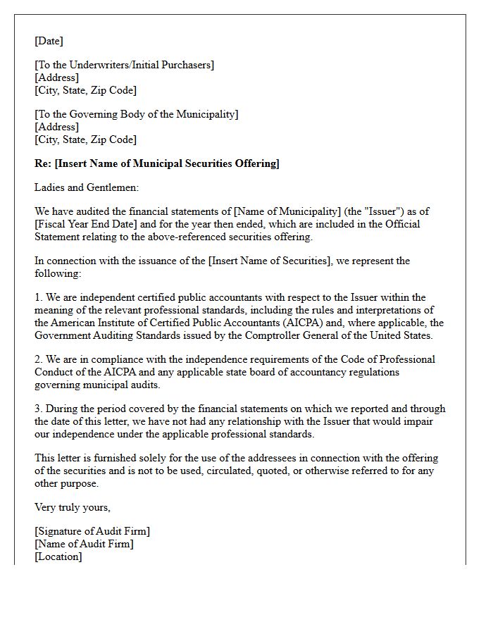 Auditor Independence Letter for Municipal Securities Offering Comfort Letters