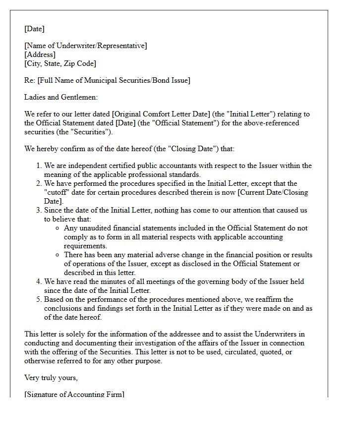 Bring-Down Municipal Securities Offering Comfort Letter
