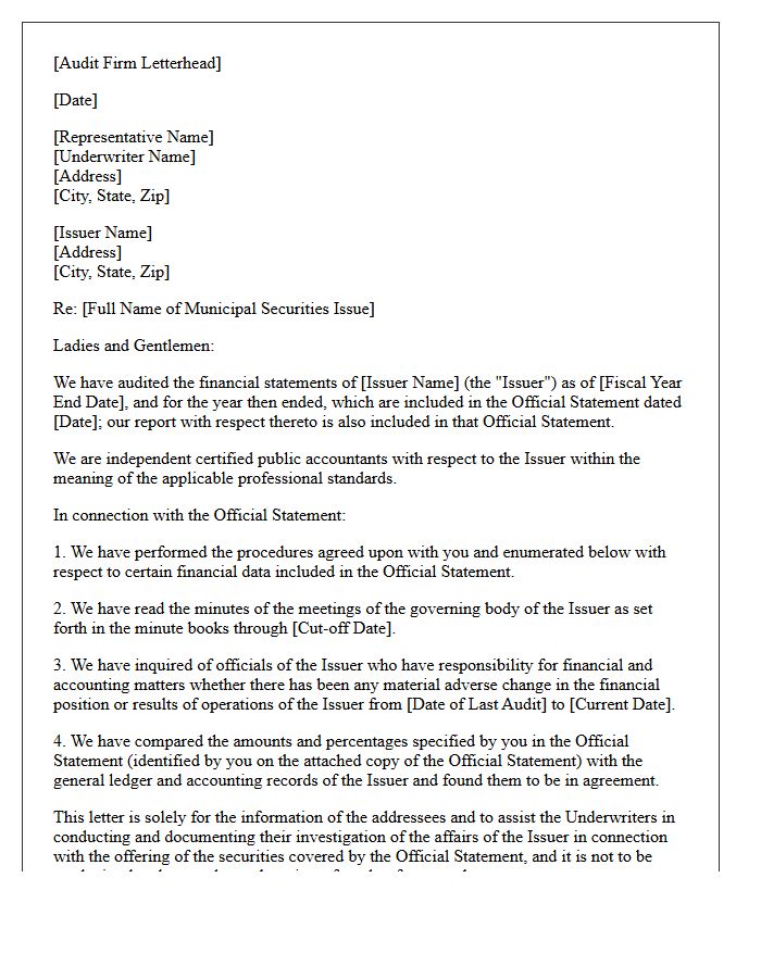 Draft Municipal Securities Offering Comfort Letter