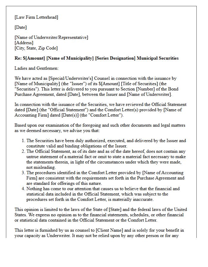 Legal Counsel Opinion Letter for Municipal Securities Offering Comfort Letters