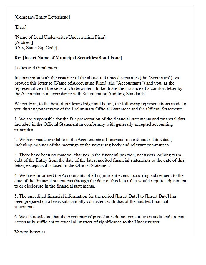 Management Representation Letter for Municipal Securities Comfort Letters
