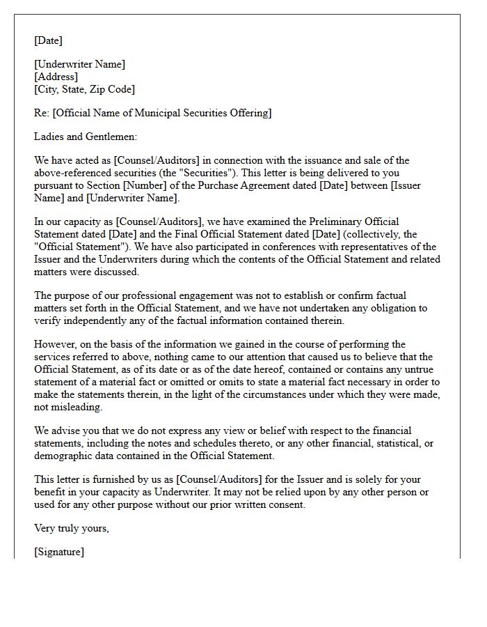 Negative Assurance Letter for Municipal Securities Offering Comfort Letters