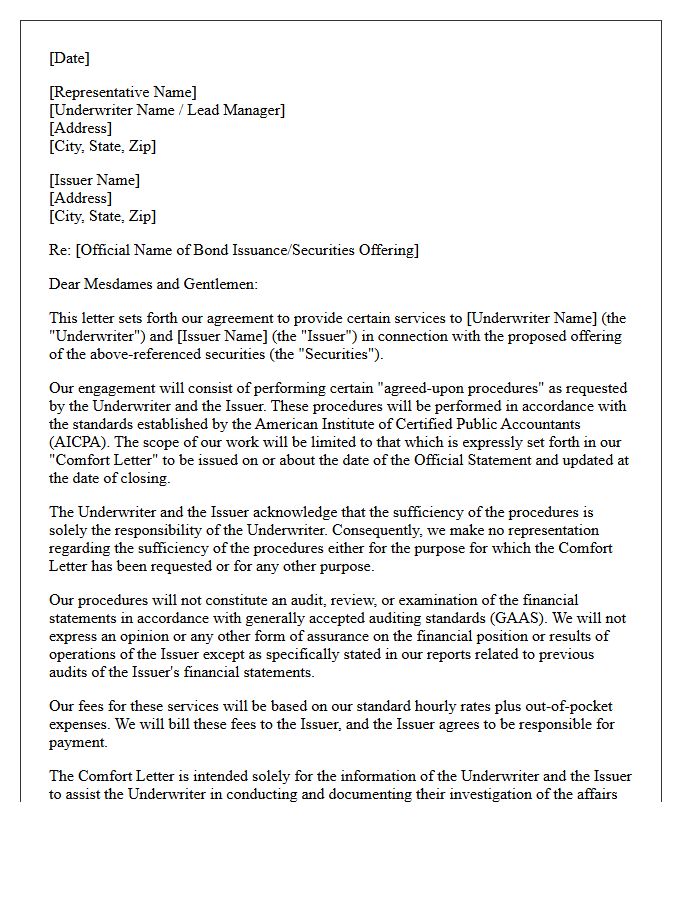 Standard Engagement Letter for Municipal Securities Offering Comfort Letters