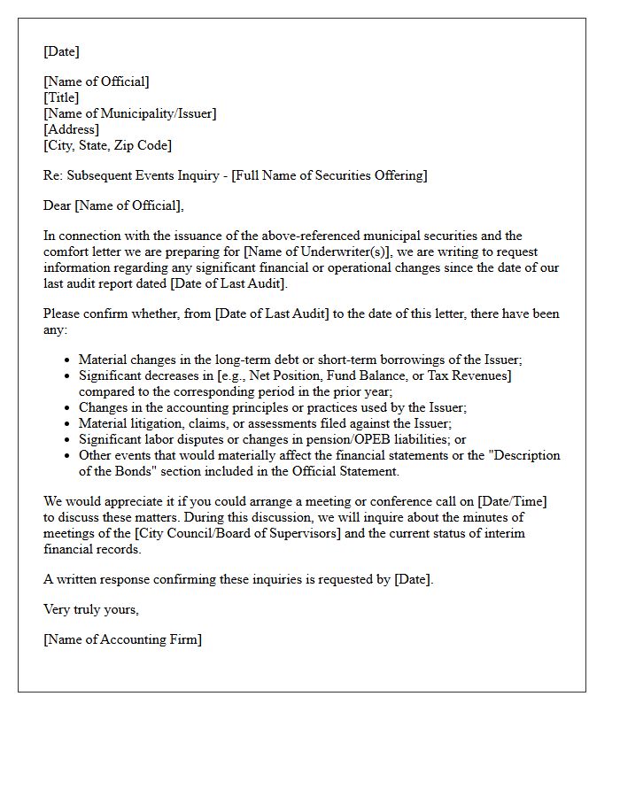 Subsequent Events Inquiry Letter for Municipal Securities Offering Comfort Letters