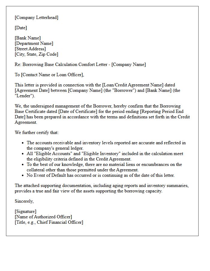 Borrowing Base Calculation Comfort Letter