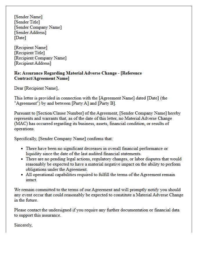 Material Adverse Change Assurance Letter