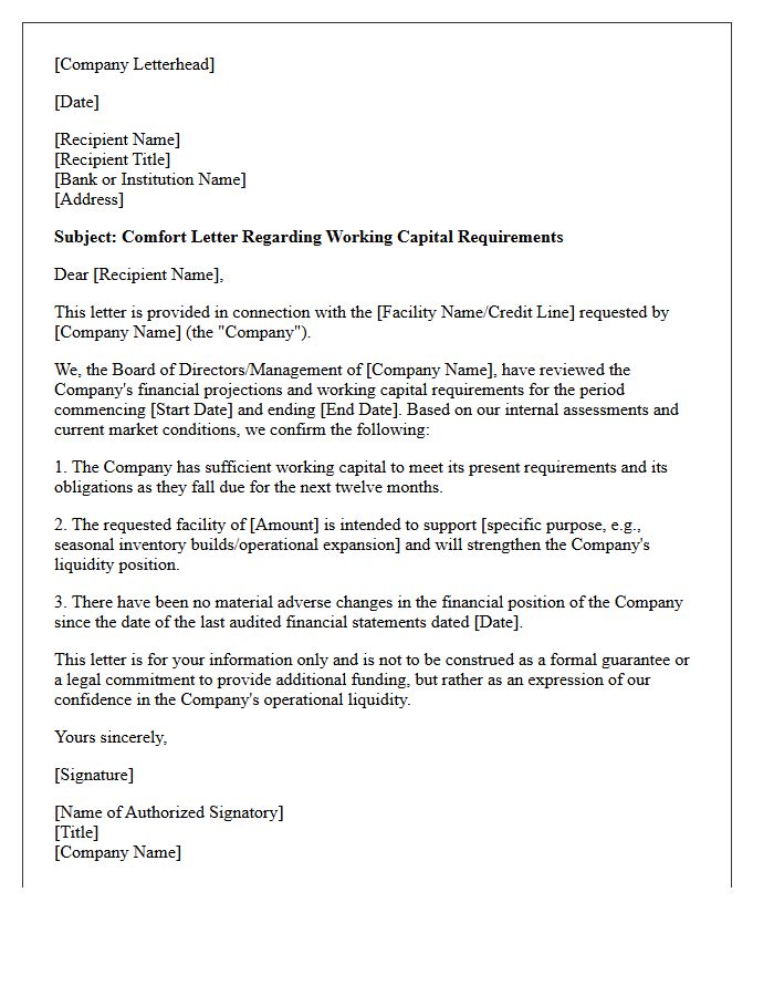 Working Capital Requirements Comfort Letter