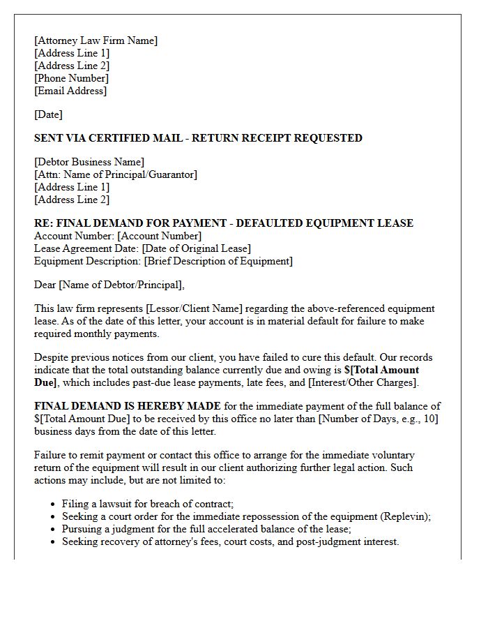 Attorney Final Demand for Defaulted Equipment Lease Letter