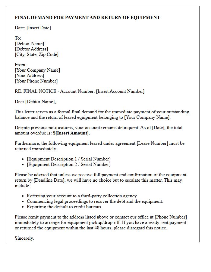 Debt Collection Final Demand for Leased Equipment Letter