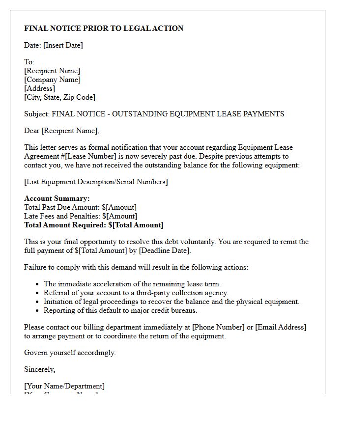 Final Collection Notice for Outstanding Equipment Lease Letter