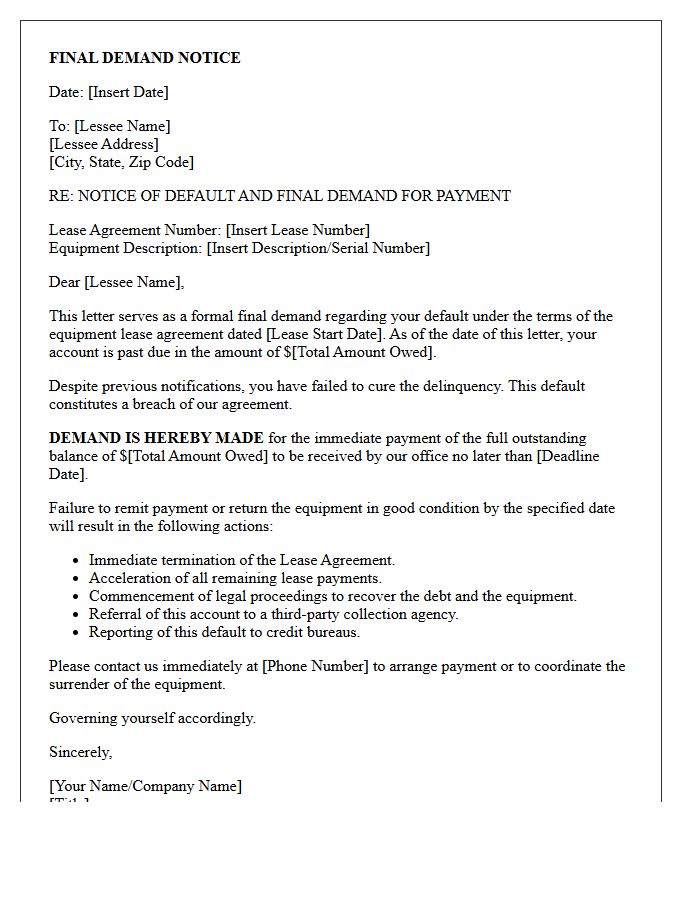 Final Demand Notice for Defaulted Equipment Lease Letter