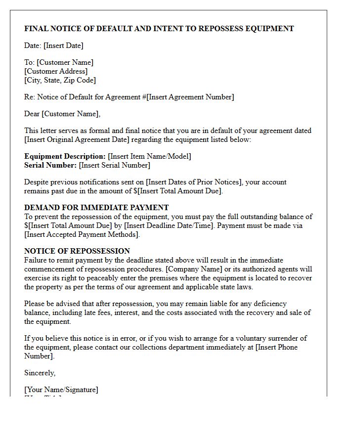 Final Notice of Default and Equipment Repossession Letter