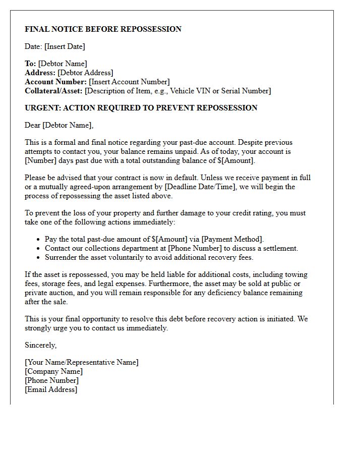 Final Repossession Warning and Debt Collection Letter