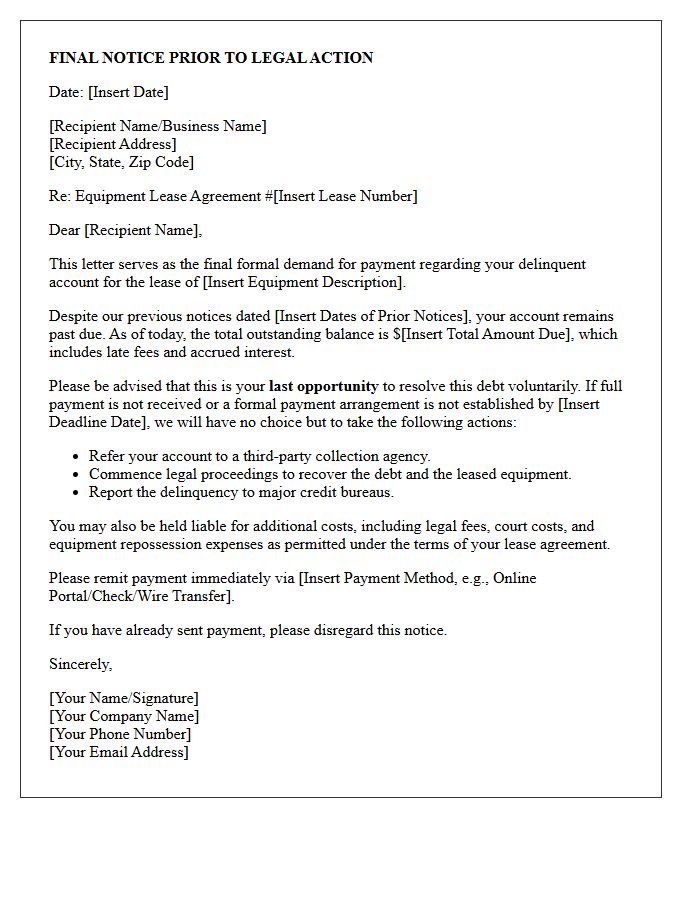 Last Notice of Debt Collection for Equipment Lease Letter