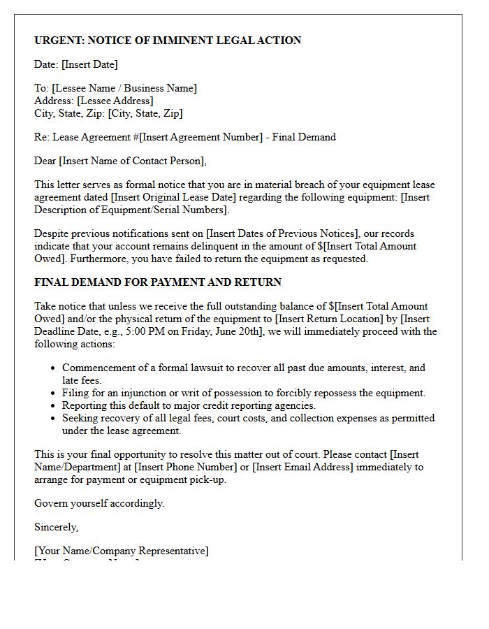 Notice of Imminent Legal Action for Equipment Lease Letter