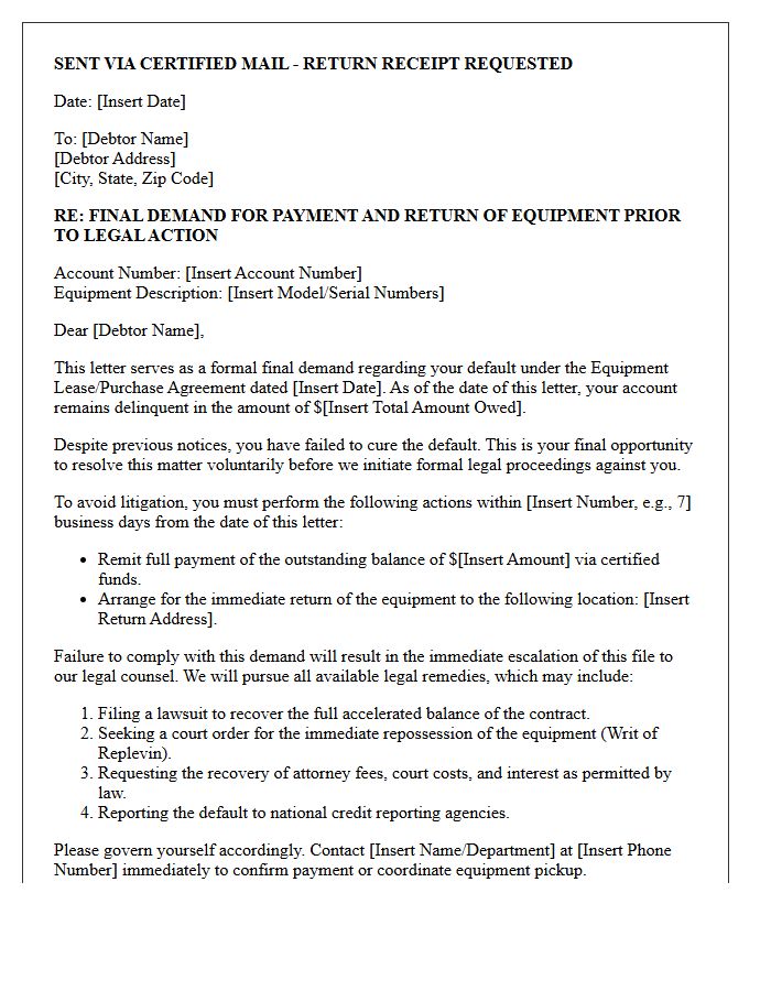 Pre-Litigation Final Demand for Defaulted Equipment Letter